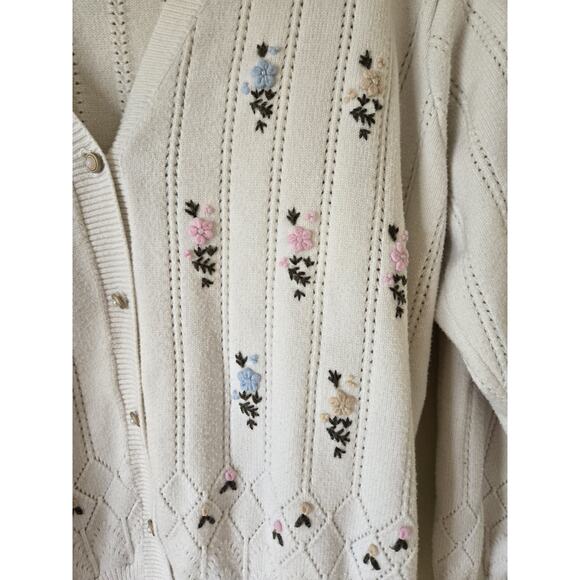 Simple Retro Floral Cardigan Grandma Cottagecore Ivory Pastel Embroidered Knit - Picture 5 of 12